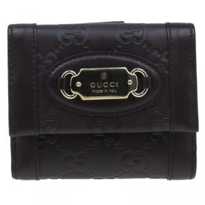 Pre Owned Gucci Brown Monogram Leather Compact Wallet