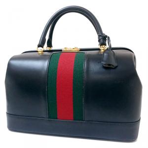 Pre Owned Gucci Vintage Black Calfskin Leather Web Boston 