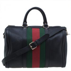 Pre Owned Gucci Black Leather Medium Vintage Web Boston Bag
