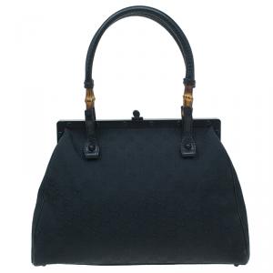مملوكة مسبقًا Gucci Black GG Canvas Bamboo Frame Satchel