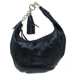 Pre Owned Gucci Black Python Medium Tassel Horsebit Sienna Hobo