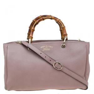Pre Owned Gucci Light Pink Pebbled Leather Medium Bamboo Top Handle Bag