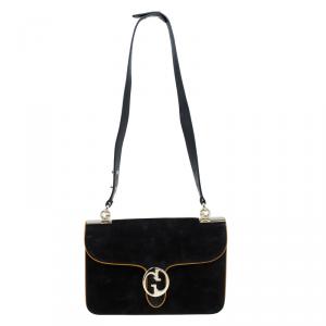 Pre Owned Gucci Black Suede Medium 1973 Double G Shoulder Flap Bag