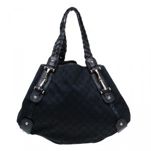 Pre Owned Gucci Black GG Canvas Medium Horsebit Pelham Shoulder Bag