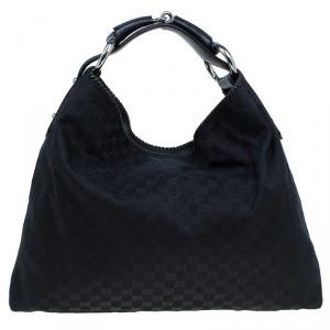 Pre Owned Gucci Black GG Canvas Large Horsebit Hobo