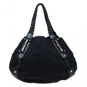 Pre Owned Gucci Black GG Canvas Medium Horsebit Pelham Shoulder Bag