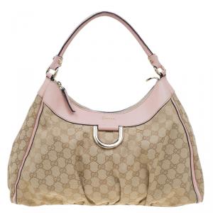 Pre Owned Gucci Biege/Pink GG Canvas Large D Ring Hobo