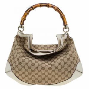Pre Owned Gucci Beige/Off White GG Canvas Diana Bamboo Hobo