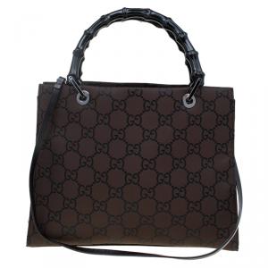 Pre Owned Gucci Brown/Black GG Nylon Bamboo Tote