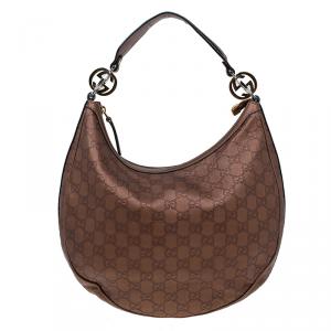 Pre Owned Gucci Bronze Guccissima Leather GG Twins Medium Hobo