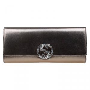 Pre Owned Gucci Bronze Leather Crystal Closure Broadway Clutch