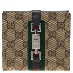 مملوكة مسبقًا محفظة غوتشي GG مزينة بويب جلد وكانفاس بني