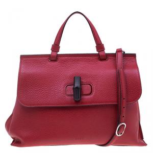 Pre Owned Gucci Red Leather Medium Bamboo Daily Top Handle Bag