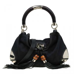 Pre Owned Gucci Black GG Canvas Medium Indy Top Handle Bag