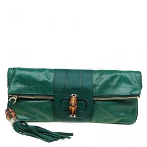Gucci Green Leather Bamboo Detail Tassel Lucy Fold Over Clutch