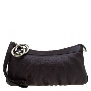 Pre Owned Gucci Dark Brown Guccissima Leather Wristlet Pouch