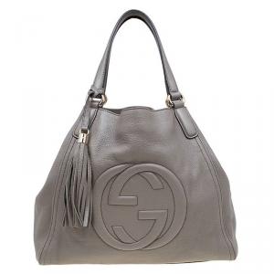 Pre Owned Gucci Grey Pebbled Leather Medium Soho Shoulder Bag