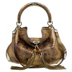 Pre Owned Gucci Metallic Gold Python Large Indy Top Handle Bag