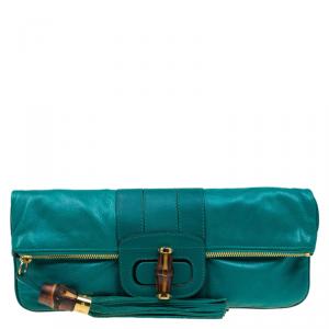 Gucci Green Leather Bamboo Detail Tassel Lucy Fold Over Clutch