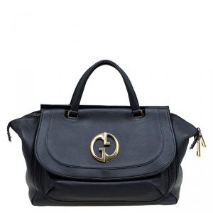 Pre Owned Gucci Black Leather Medium 1973 Top Handle Bag