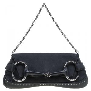 Gucci Black GG Canvas Studded Horsebit Chain Clutch