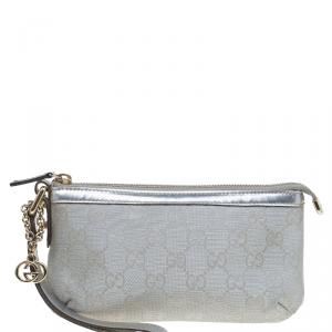 Pre Owned Gucci Silver GG Canvas Interlocking G Wristlet Pouch