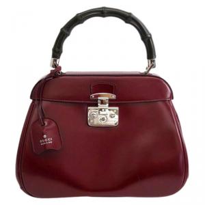Pre Owned Gucci Bordeaux Leather Bamboo Lady Lock Top Handle Bag