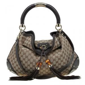 Pre Owned Gucci Beige Monogram Canvas Large Indy Top Handle Bag