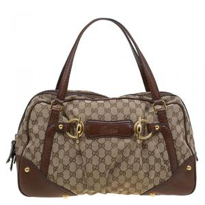 Pre Owned Gucci Beige/Brown GG Canvas and Leather Jockey Boston Bag