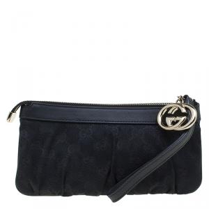 Pre Owned Gucci Black GG Canvas Interlocking G Wristlet Pouch