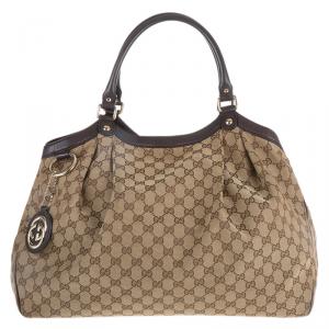 Pre Owned حقيبة يد غوتشي سوكي كبيرة كانفاس GG عاجية/ بيج