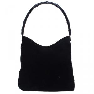 Gucci Black Suede Bamboo Hobo
