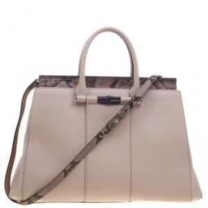 Pre Owned Gucci Beige Leather and Python Lady Bamboo Top Handle Bag