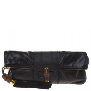 Pre Owned Gucci Black Leather Lucy Bamboo Detail Tassel Fold Over Clutch