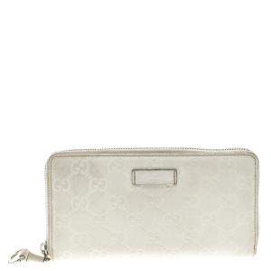 Gucci Off White Guccissima Leather  Icon Bit Zip Around Wallet