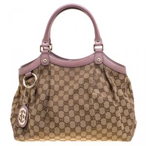 Pre Owned حقيبة يد غوتشي سوكي متوسطة كانفاس GG بنفسجية فاتحة/ بيج
