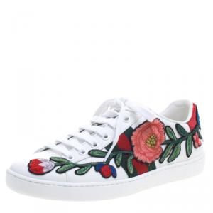 Gucci White Floral Embroidered Leather Ace Low Top Sneakers Size 35.5