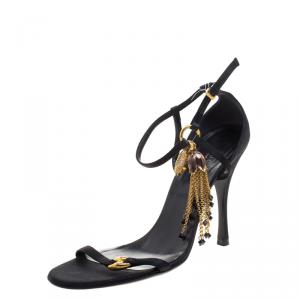 مملوكة مسبقًا Gucci Black Satin Charms Embellished Ankle Strap Sandals Size 37