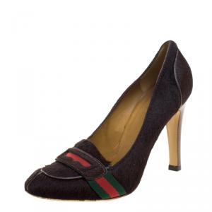 Pre Owned Gucci Brown Calf Hair Lifford Penny Loafer Pumps Size 37