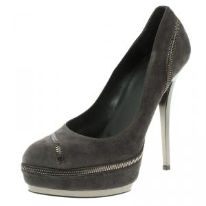 Pre Owned Gucci Grey Suede Zipper Detail Pixie Platform Pumps Size 40