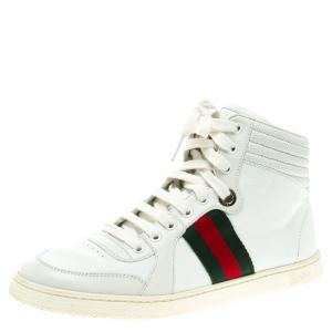 Pre Owned Gucci White Leather Alta Coda Web Detail High Top Sneakers Size 39