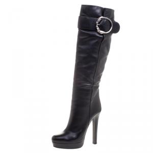 Pre Owned Gucci Black Leather Josephine Metal Horse Ring Buckle Knee Length Boots Size 39