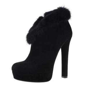 مملوكة مسبقًا Gucci Black Suede and Fur Trim Ankle Boots Size 37 