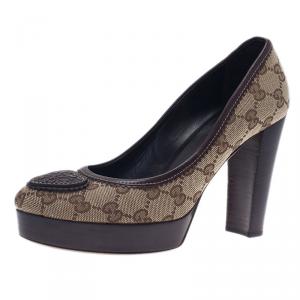 Pre Owned Gucci Beige Guccissima Canvas Heart Crest Tribeca Platform Pumps Size 37.5