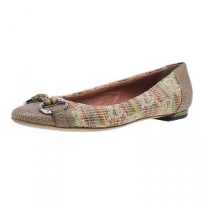 مملوكة مسبقًا Gucci Multicolor Raffia Cap Toe Bamboo Horsebit Kitty Ballet Flats Size 35.5