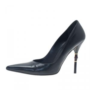 Pre Owned Gucci Black Leather Malibu Bamboo Heel Pointed Toe Pumps Size 38