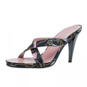 Pre Owned Gucci Techno Charms Print Satin Crisscross Slides Size 37.5
