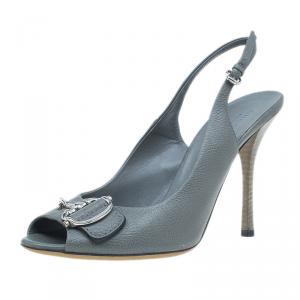 Pre Owned Gucci Grey Leather Techno Horsebit Slingback Sandals Size 40