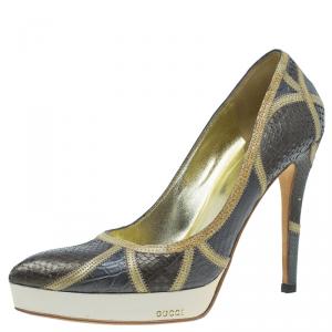 مملوكة مسبقًا حذاء كعب عالي غوتشي بمقدمة مدببة ونعل سميك جلد ثعبان وجلد تمساح مقاس 36