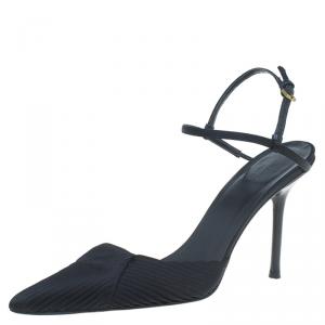 Pre Owned Gucci Black Pleated Satin and Leather Ankle Strap Pointed Toe Sandals Size 37.5